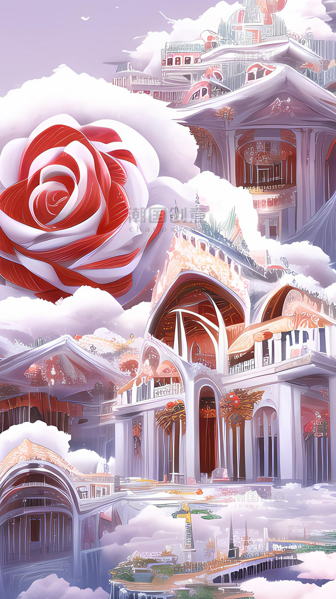 玫瑰城堡梦幻童话风数字艺术插画AI绘画