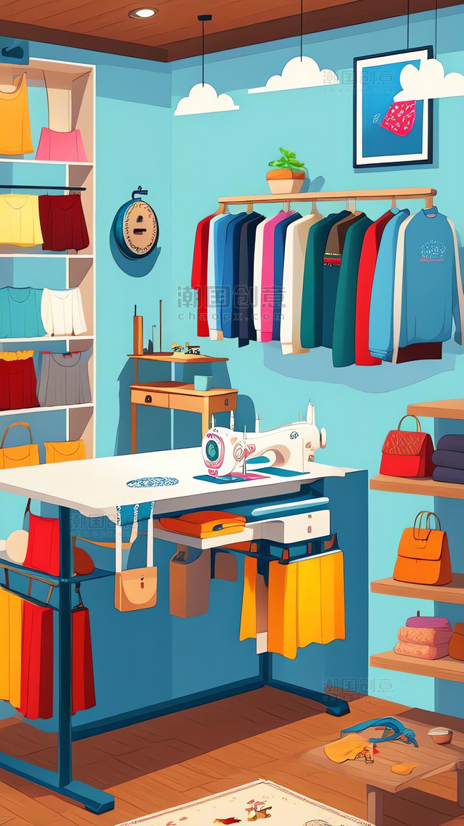 服装店工作室缝纫机卡通扁平风格数字插画