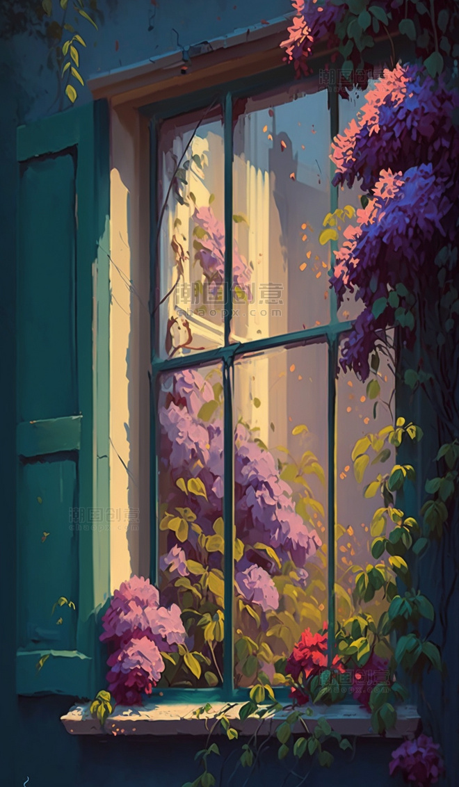 彩色窗外盛开的花朵插画