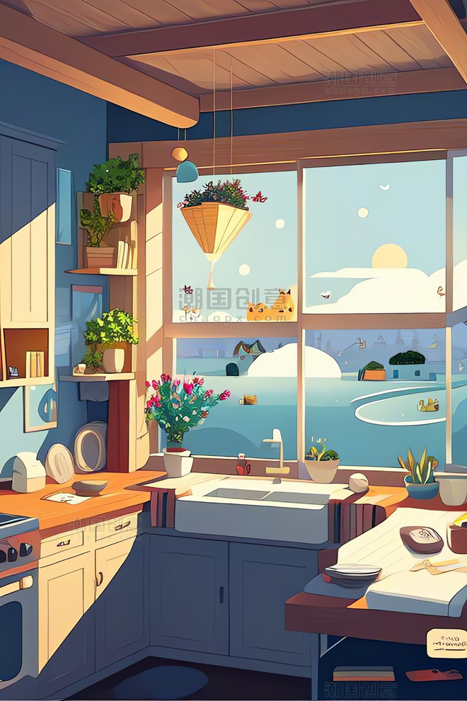 室内设计厨房扁平风格卡通场景数字插画