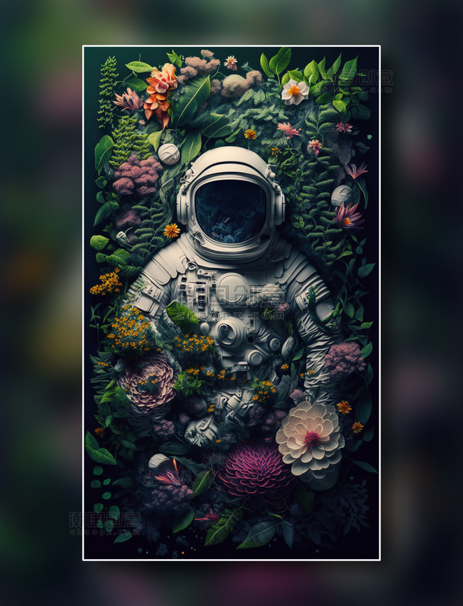 破败的宇航员躺在鲜花丛中数字作品