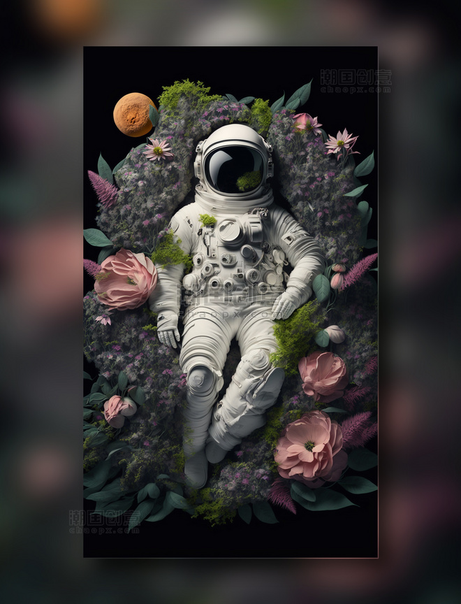 宇航员在鲜花环绕的草地上俯视图