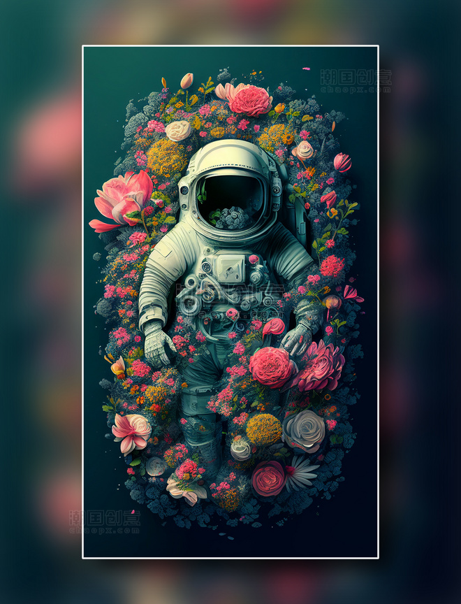 破败的宇航员躺在花丛中俯视图