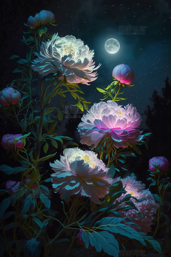 月光下的盛开的牡丹花数字插画 