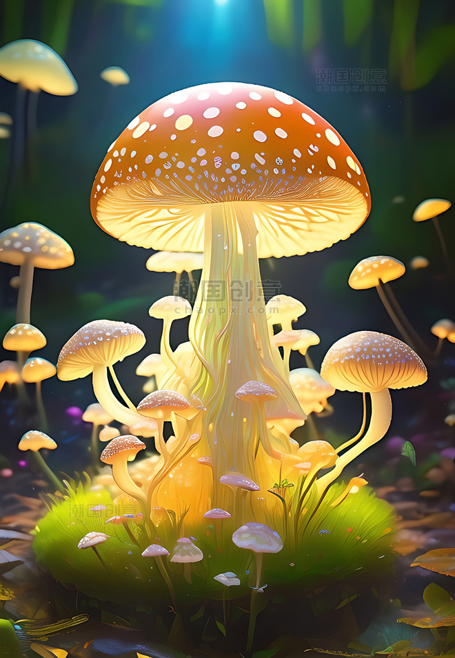 森林发光蘑菇数字数字插画