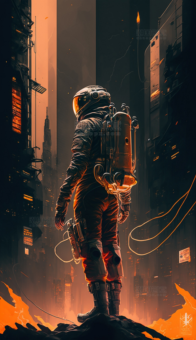 宇航员科幻赛博朋克城市数字作品AI作品数字插画