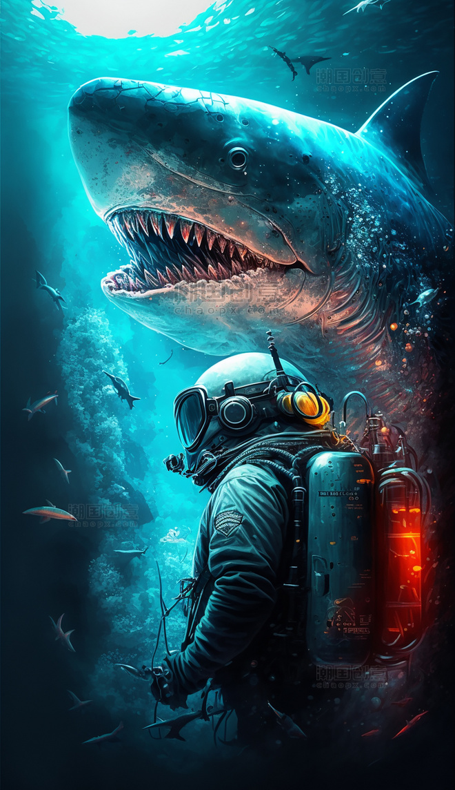科幻鲨鱼海底世界宇航员创意赛博朋克数字作品AI作品数字插画