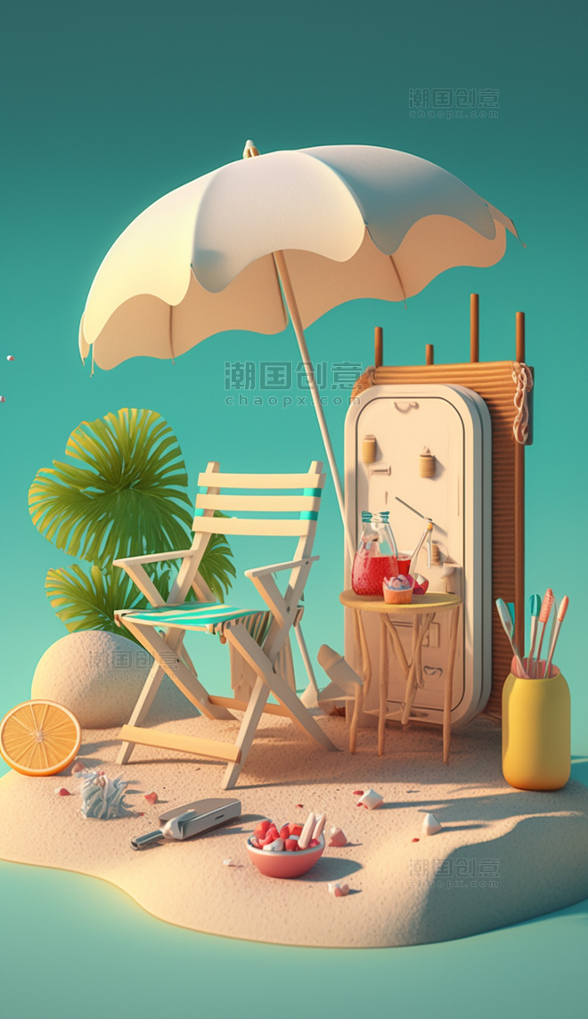3D立体彩色沙滩躺椅休闲度假插画
