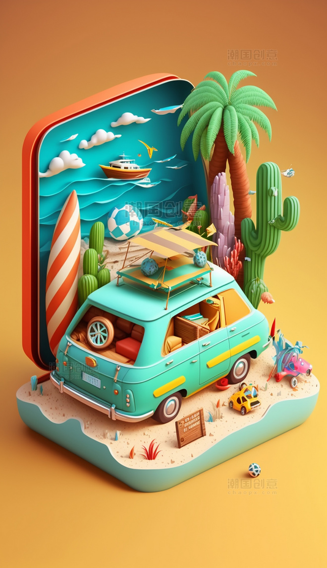3D立体彩色小汽车休闲度假插画