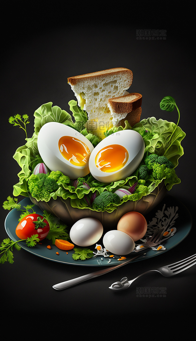 鸡蛋三明治蔬菜创意特写数字作品AI作品数字插画