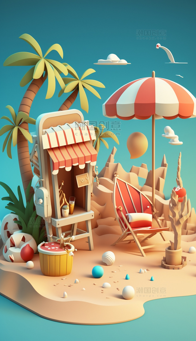 彩色沙滩3D立体休闲度假数字插画