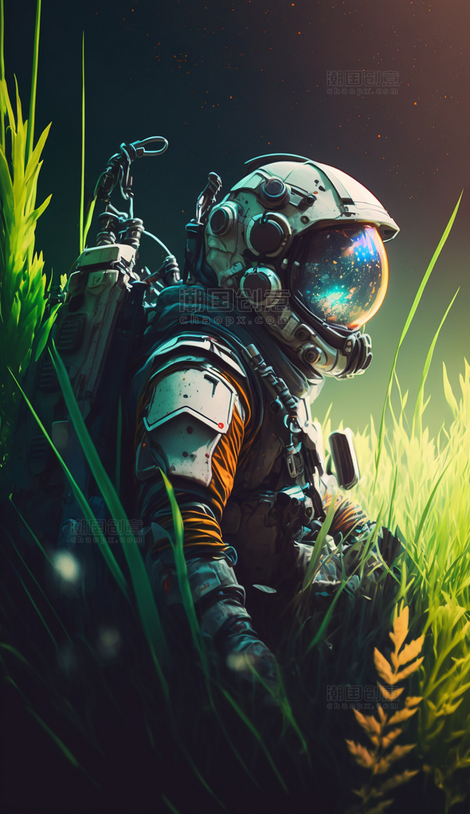 绿色草地科幻宇航员创意赛博朋克数字作品AI作品数字插画