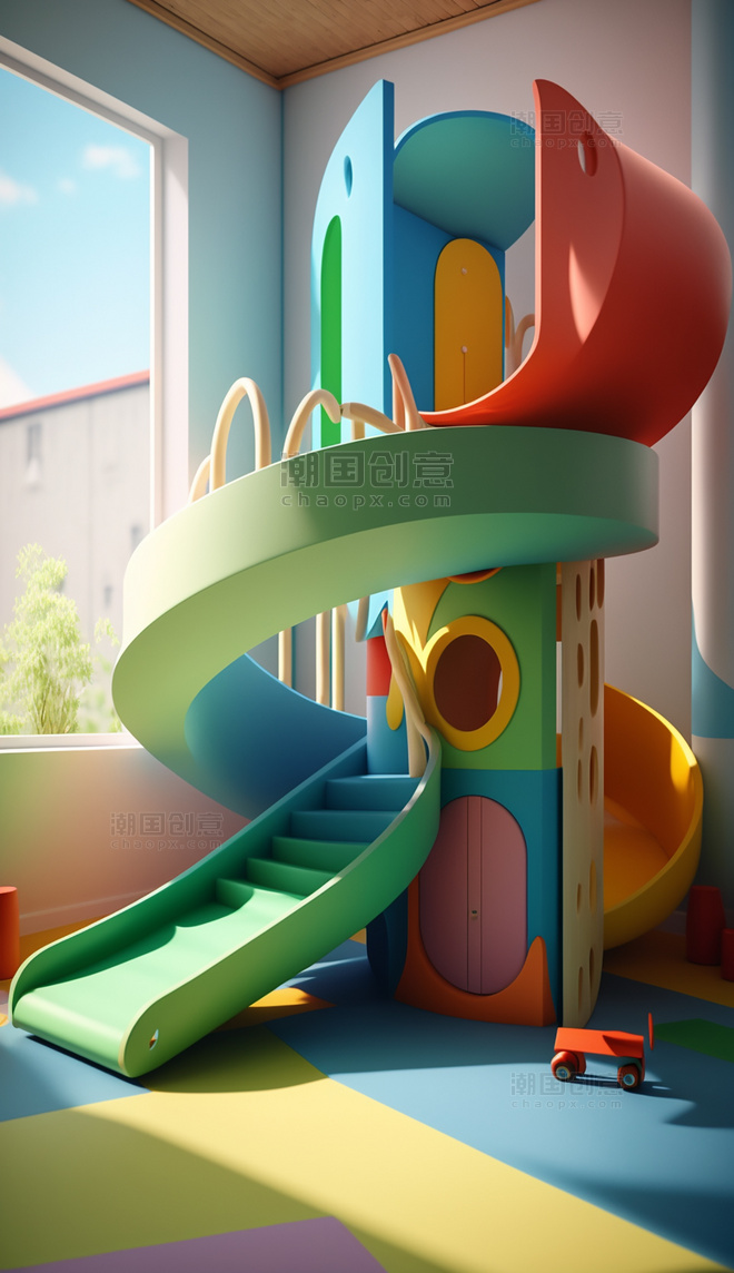 3D立体彩色幼儿园滑梯插画