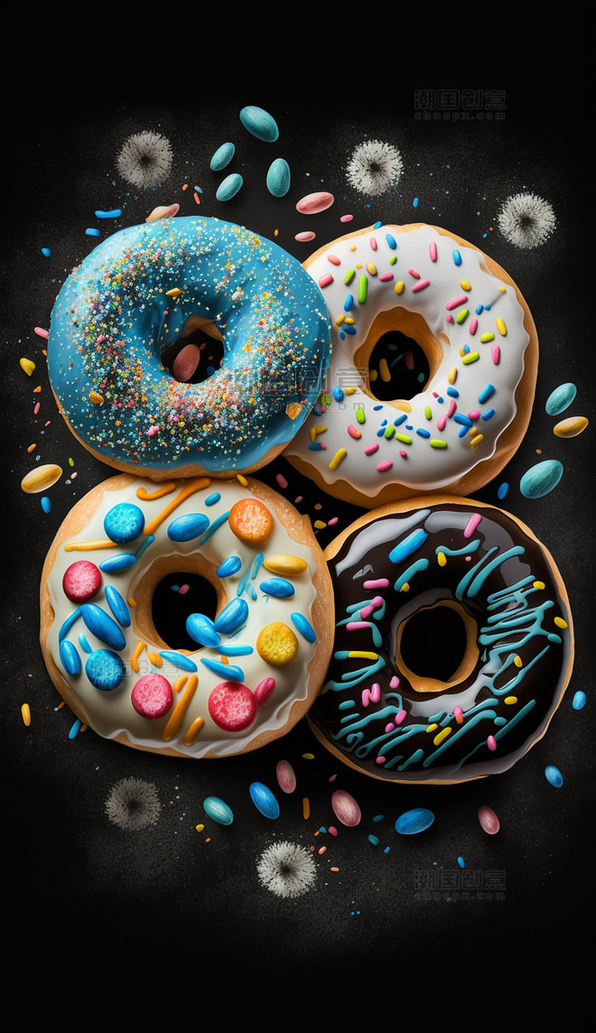 四个甜甜圈食物水果创意特写数字作品AI作品数字插画