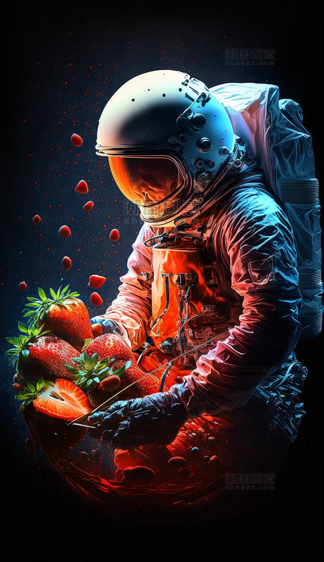 草莓宇航员创意赛博朋克数字作品AI作品数字插画