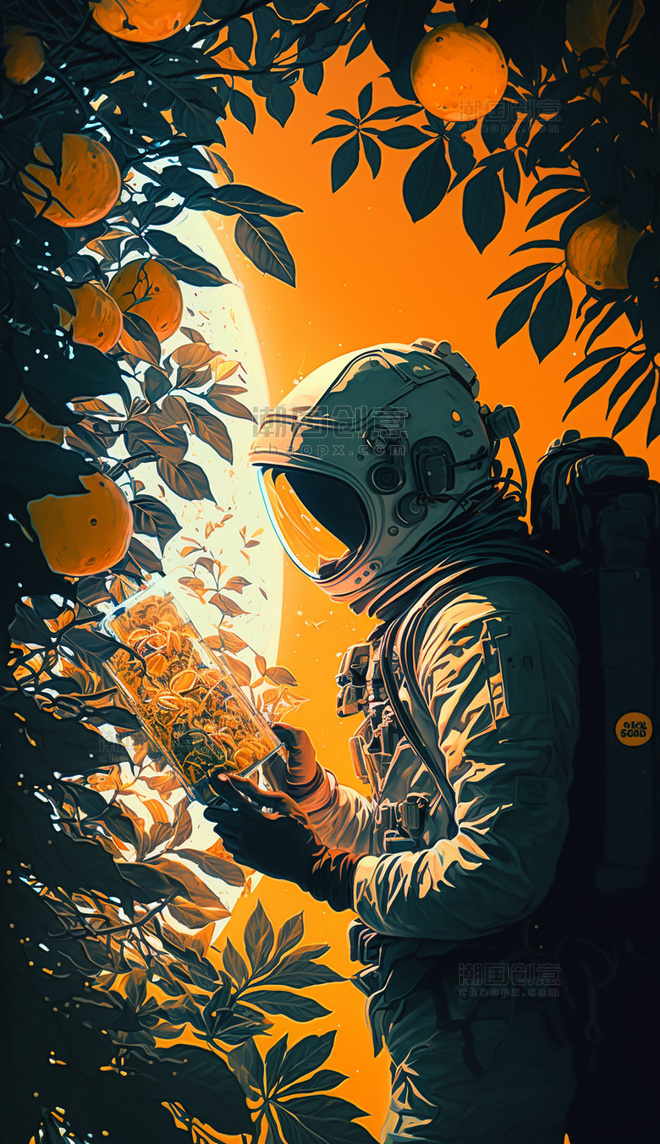橙色水果宇航员创意赛博朋克数字作品AI作品数字插画