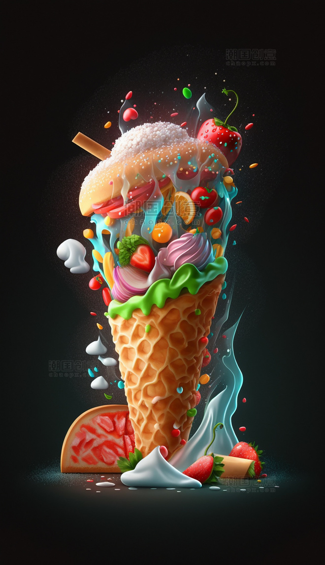 冰淇淋食物水果披萨创意特写数字作品AI作品数字插画