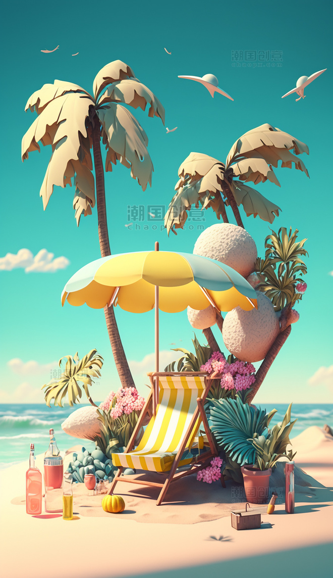 彩色椰子树3D立体休闲度假数字插画