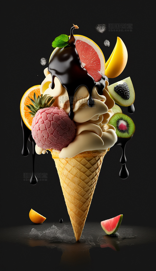 水果冰淇淋食物创意特写数字作品AI作品数字插画