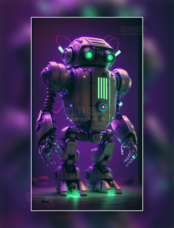 未来风科幻机器人蓝紫色氛围光线概念图