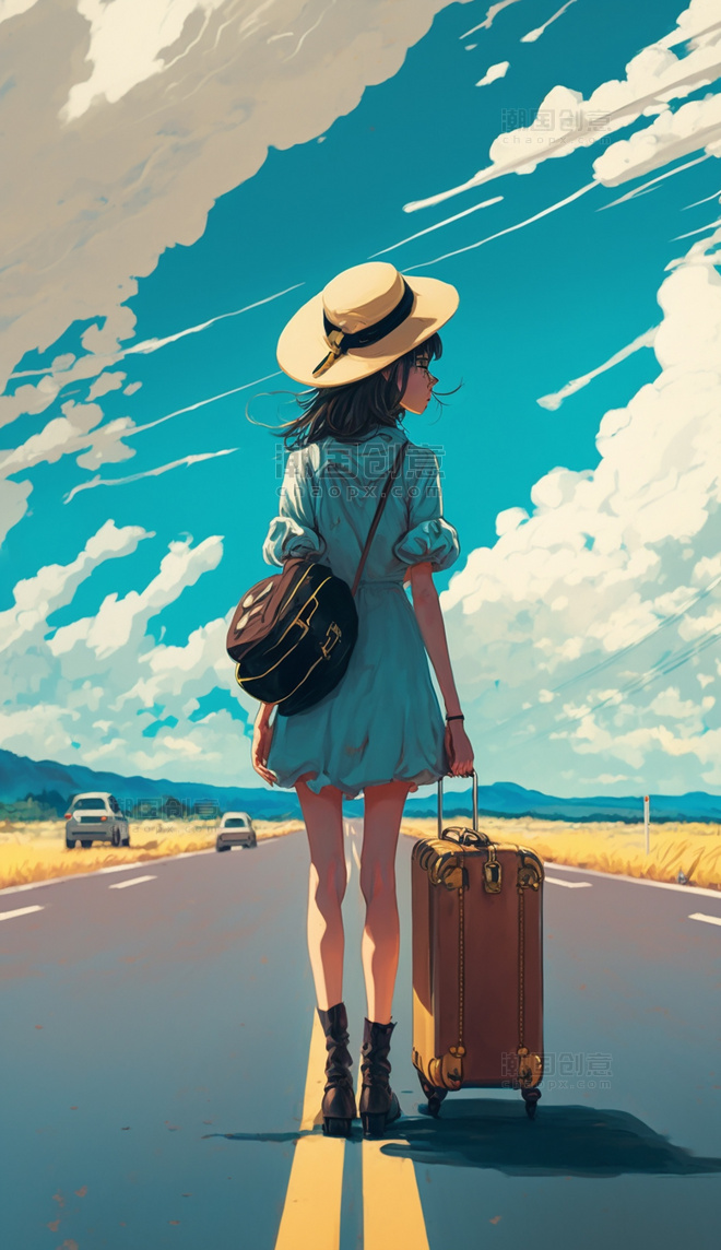 在路上宫崎骏风动漫旅行小女孩行李箱小清新花朵花海数字作品AI作品数字插画