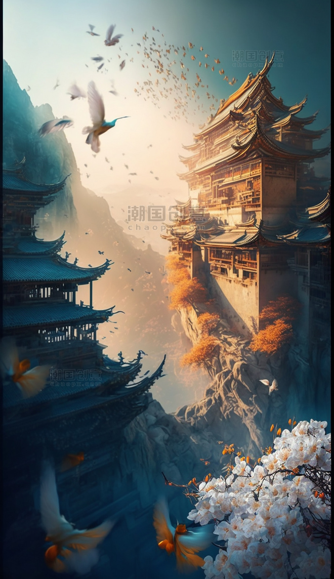 中国古城鸟瞰图梦幻游戏场景数字作品AI作品数字插画