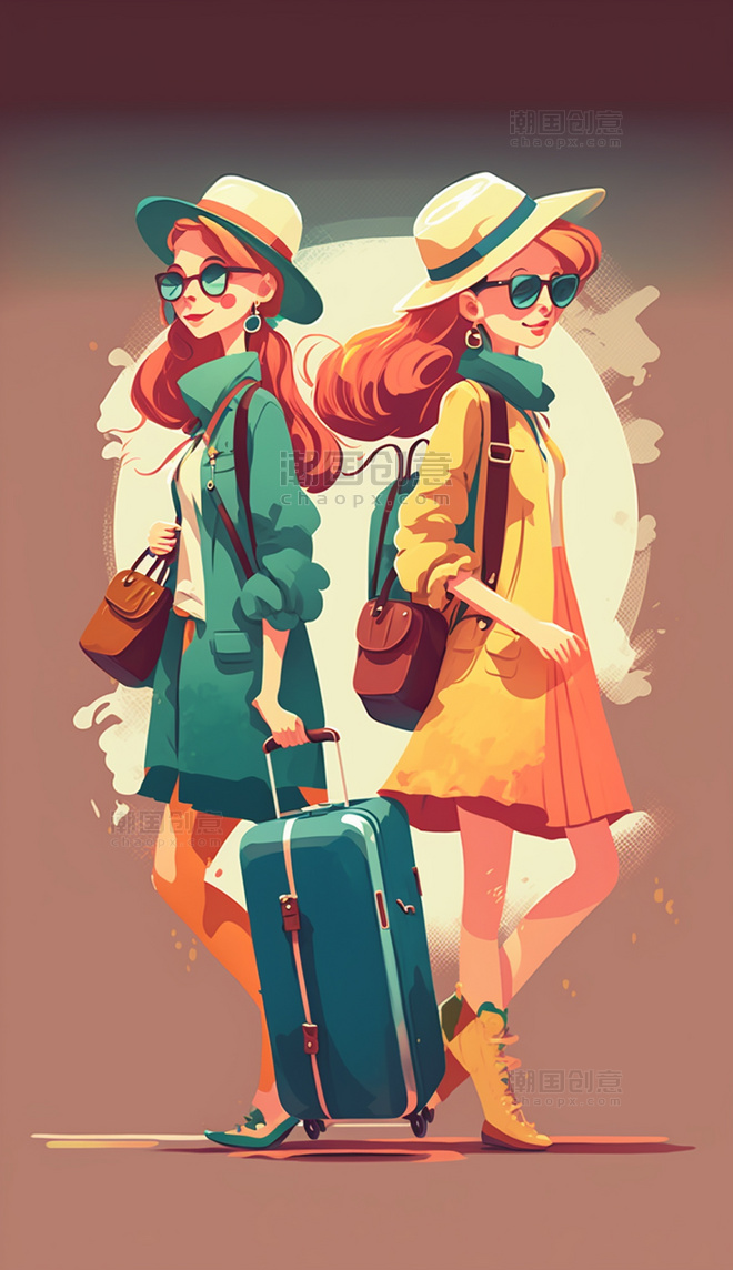 扁平风插画美式复古女孩旅行行李箱墨镜数字作品AI作品数字插画