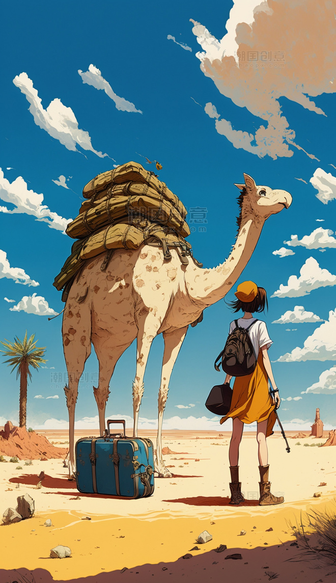 沙漠骆驼宫崎骏风动漫旅行小女孩行李箱小清新花朵花海数字作品AI作品数字插画
