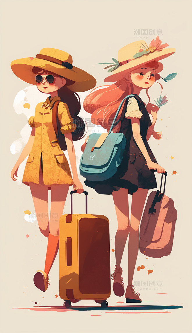 扁平风插画戴着墨镜女孩旅行行李箱墨镜数字作品AI作品数字插画