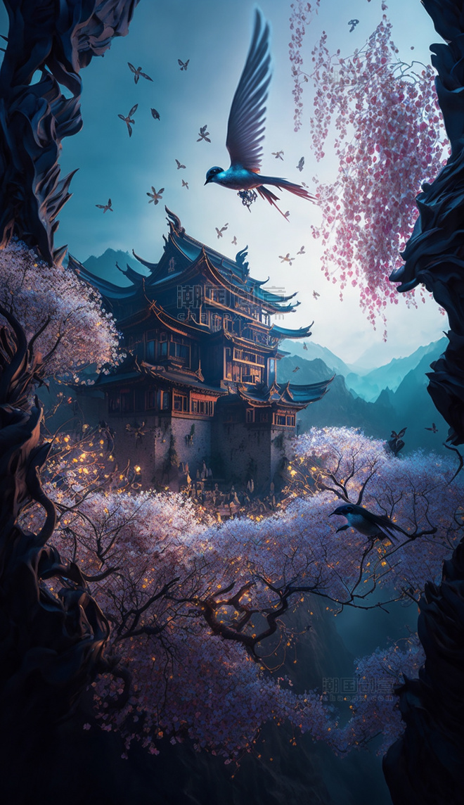 中国古城鸟瞰图梦幻游戏场景数字作品AI作品数字插画