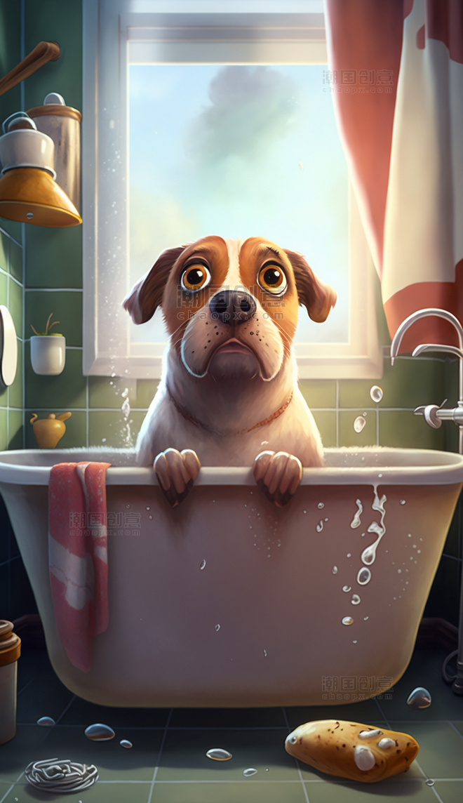 小狗动物浴室洗澡可爱数字作品AI作品数字插画