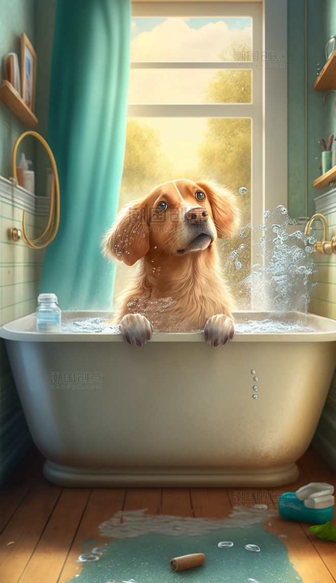 小狗动物浴室洗澡可爱数字作品AI作品数字插画