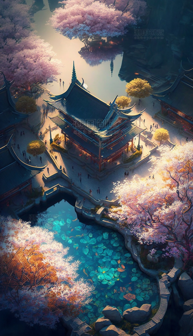 中国风中国古城鸟瞰图梦幻游戏场景数字作品AI作品数字插画