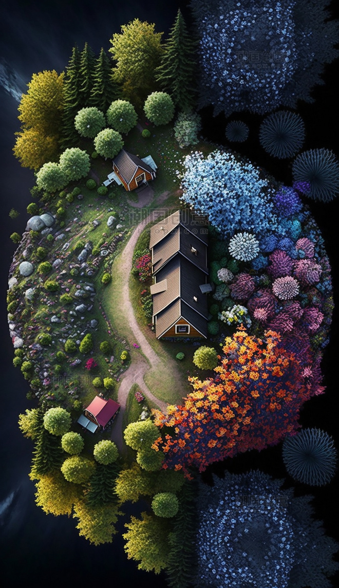 庭院建筑俯视梦幻游戏场景数字作品AI作品数字插画