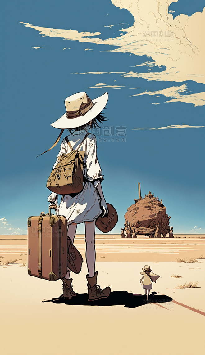 沙漠宫崎骏风动漫旅行小女孩行李箱小清新花朵花海数字作品AI作品数字插画