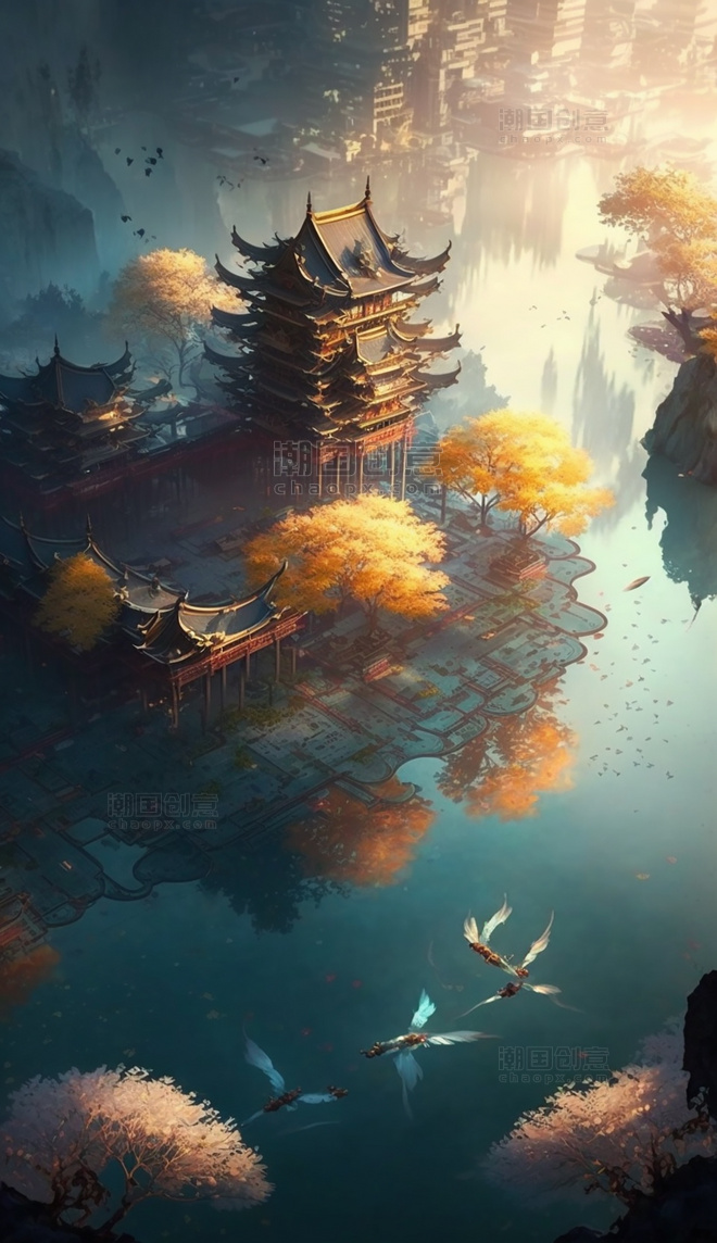中国古城建筑鸟瞰图梦幻游戏场景数字作品AI作品数字插画