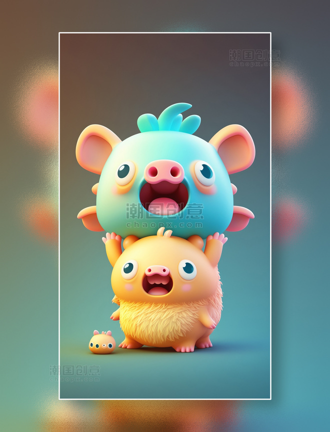 3D立体彩色毛绒小猪怪兽概念插画