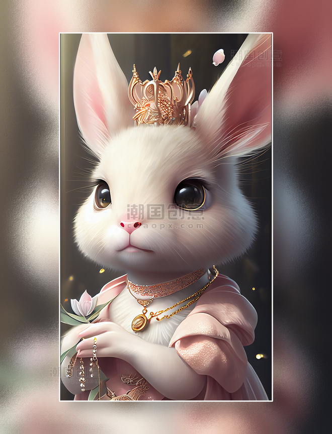 穿着华丽服饰头戴皇冠和首饰的兔子女王公主殿下插画