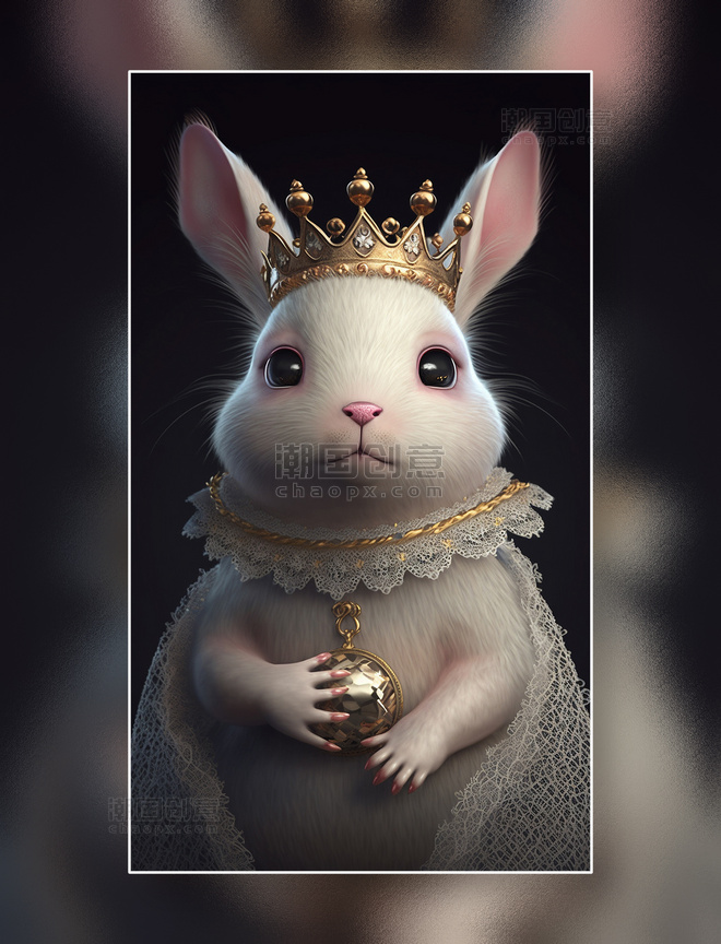 身穿蕾丝披风头戴皇冠的兔子女王兔子公主插画