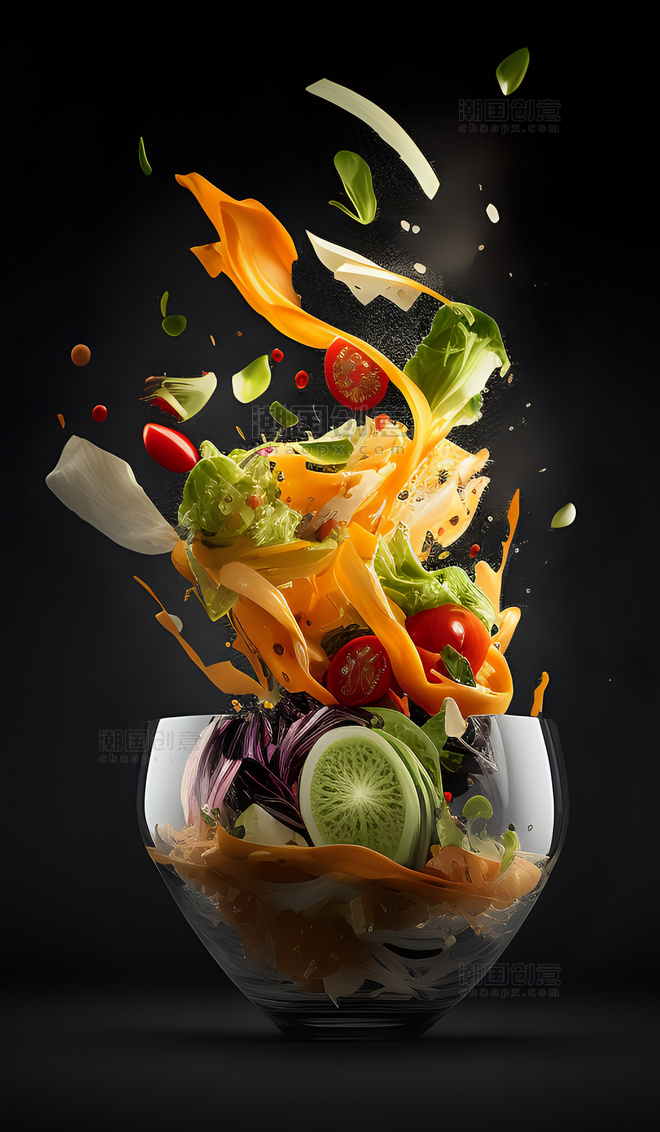 沙拉果蔬健康食品美食飞溅插画背景