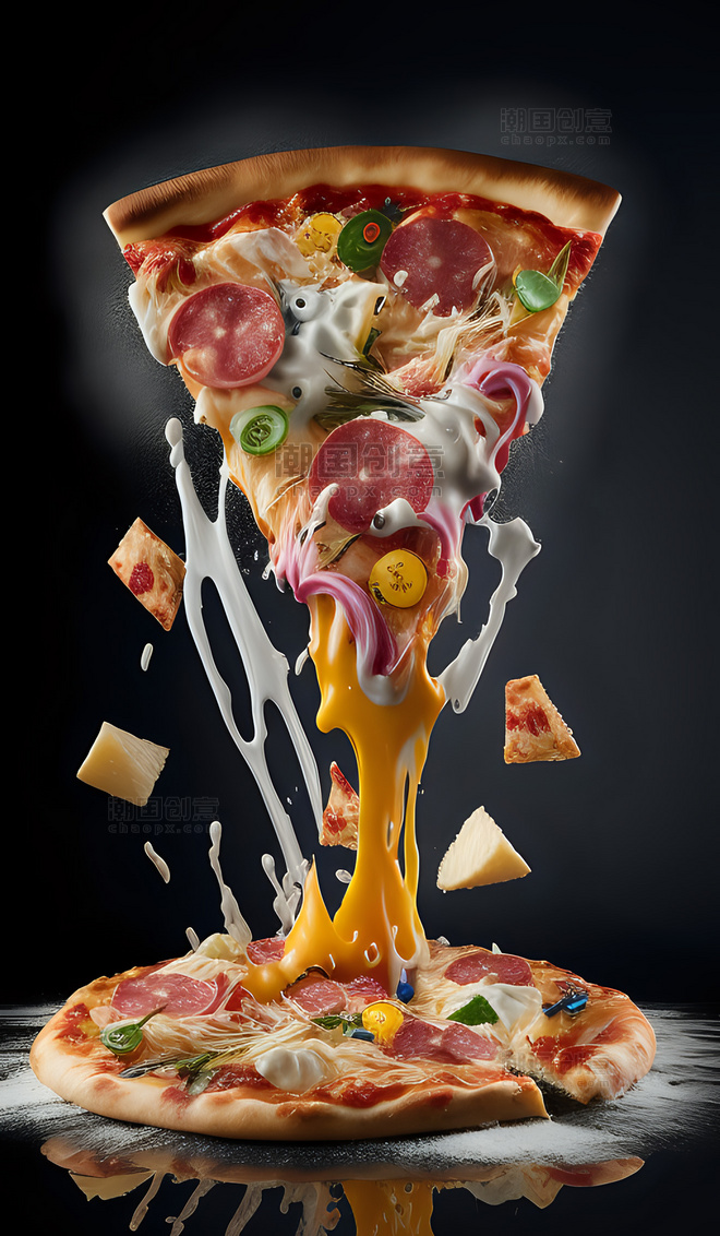 披萨火腿片美食美味飞溅立体背景