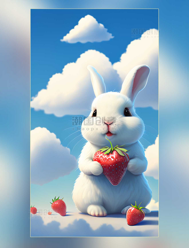 质感3D动物吃草莓的可爱兔子立体设计
