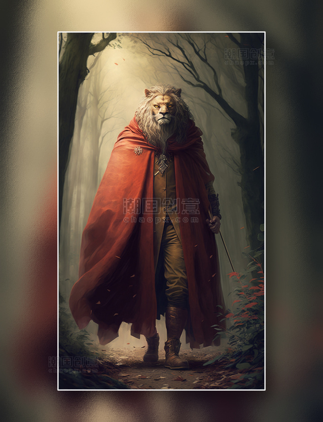 身穿棕色西装戴着红色披风的帅气狮子绅士走在原始森林中