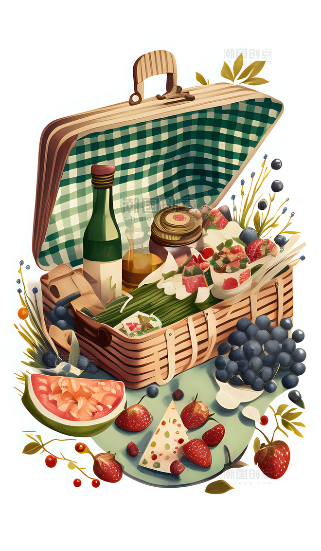 野餐篮水果食物卡通可爱治愈插画