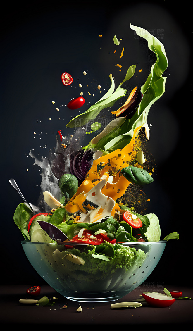 沙拉水果蔬菜健康食品美食飞溅插画背景