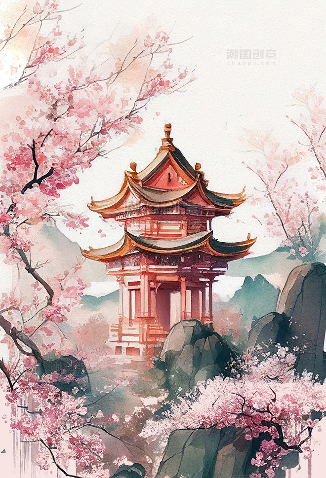 水彩风中式园林建筑樱花数字插画 
