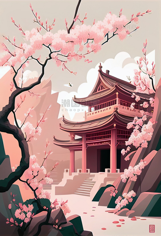 中式园林建筑樱花数字插画