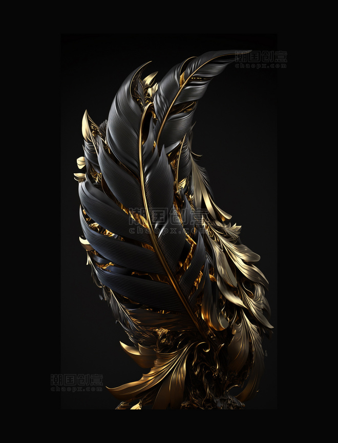 鎏金风格黑金色羽毛高端金羽元素
