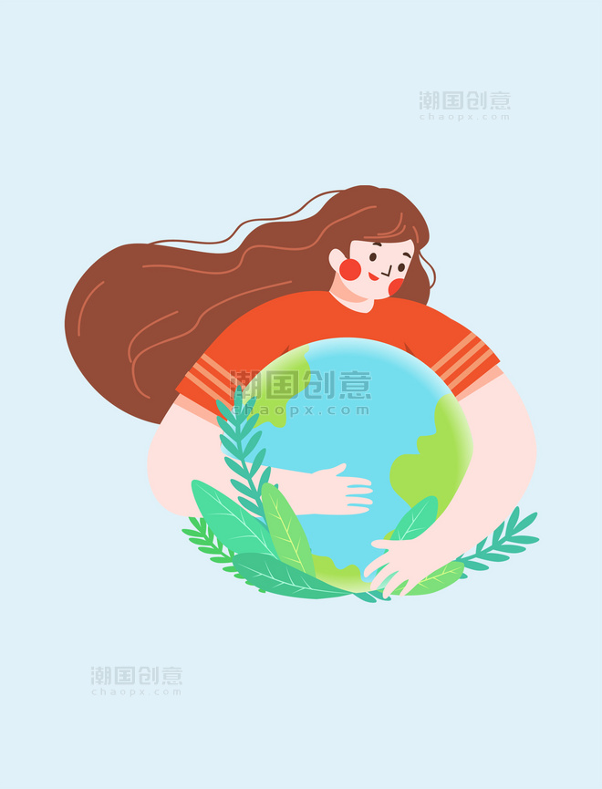 女孩拥抱地球插画元素节能扁平环保人物