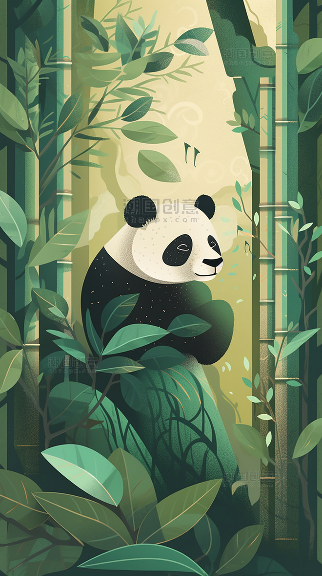 中国风熊猫花鸟亭子树木山水剪纸风数字作品AI作品数字插画
